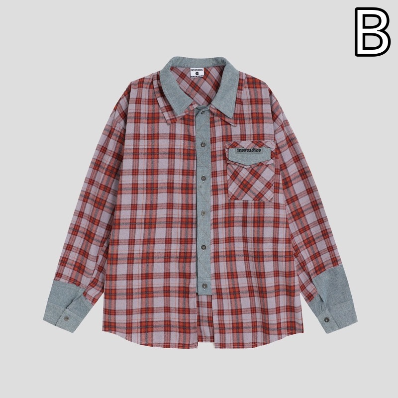 40 代 メンズ ファッション デニム切り替えチェック柄シャツ 重ね着風デザイン メンズ