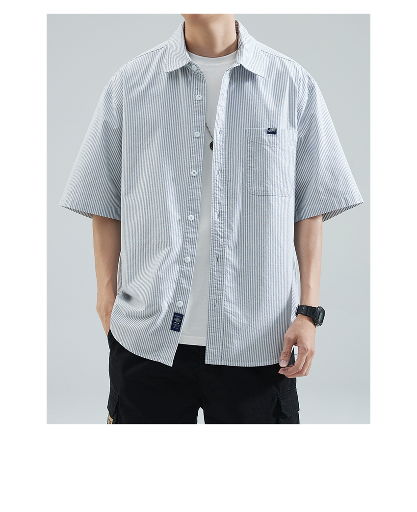 40 代 ファッション メンズ ゆったり半袖ストライプシャツ