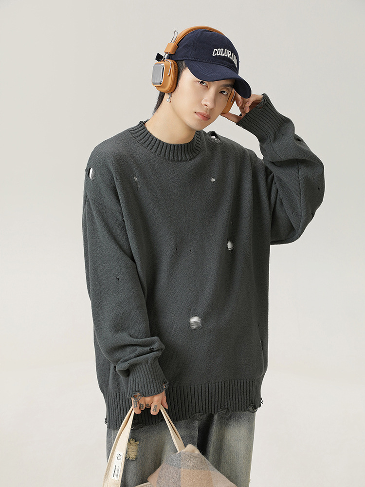 40 代 ファッション メンズ ダメージ加工 ニットシャツ 秋冬 メンズ ゆったり長袖 全3色