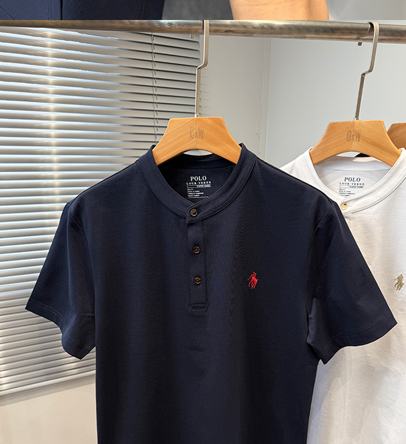 40 代 ファッション メンズ スタンドカラー 上質コットン ヘンリーネックシャツ