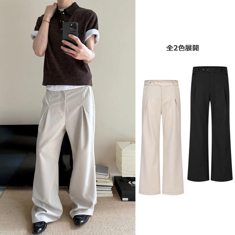 40 代 メンズ ファッション 亜麻混紡ワイドパンツ タック入りカジュアルスラックス