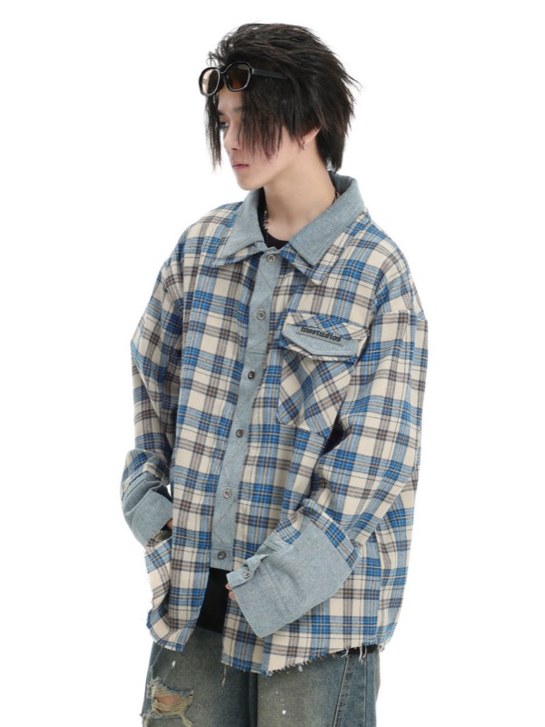 40 代 メンズ ファッション デニム切り替えチェック柄シャツ 重ね着風デザイン メンズ