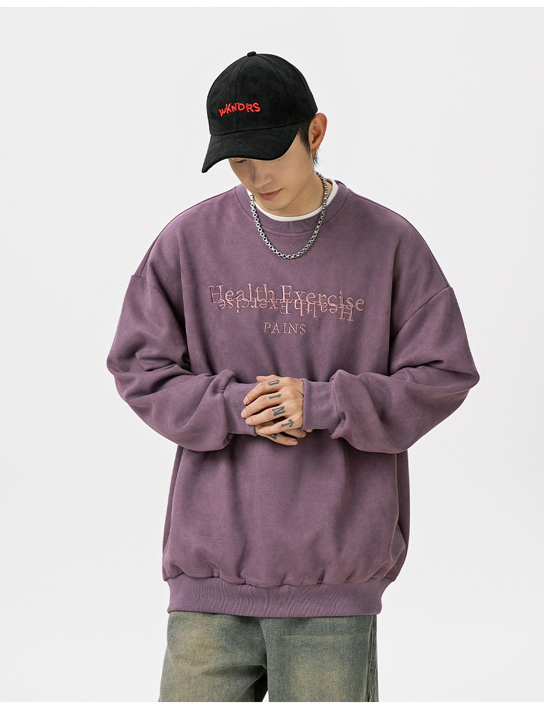40 代 ファッション メンズ 上質スエード 刺繍入り スウェットシャツ 秋冬 全4色