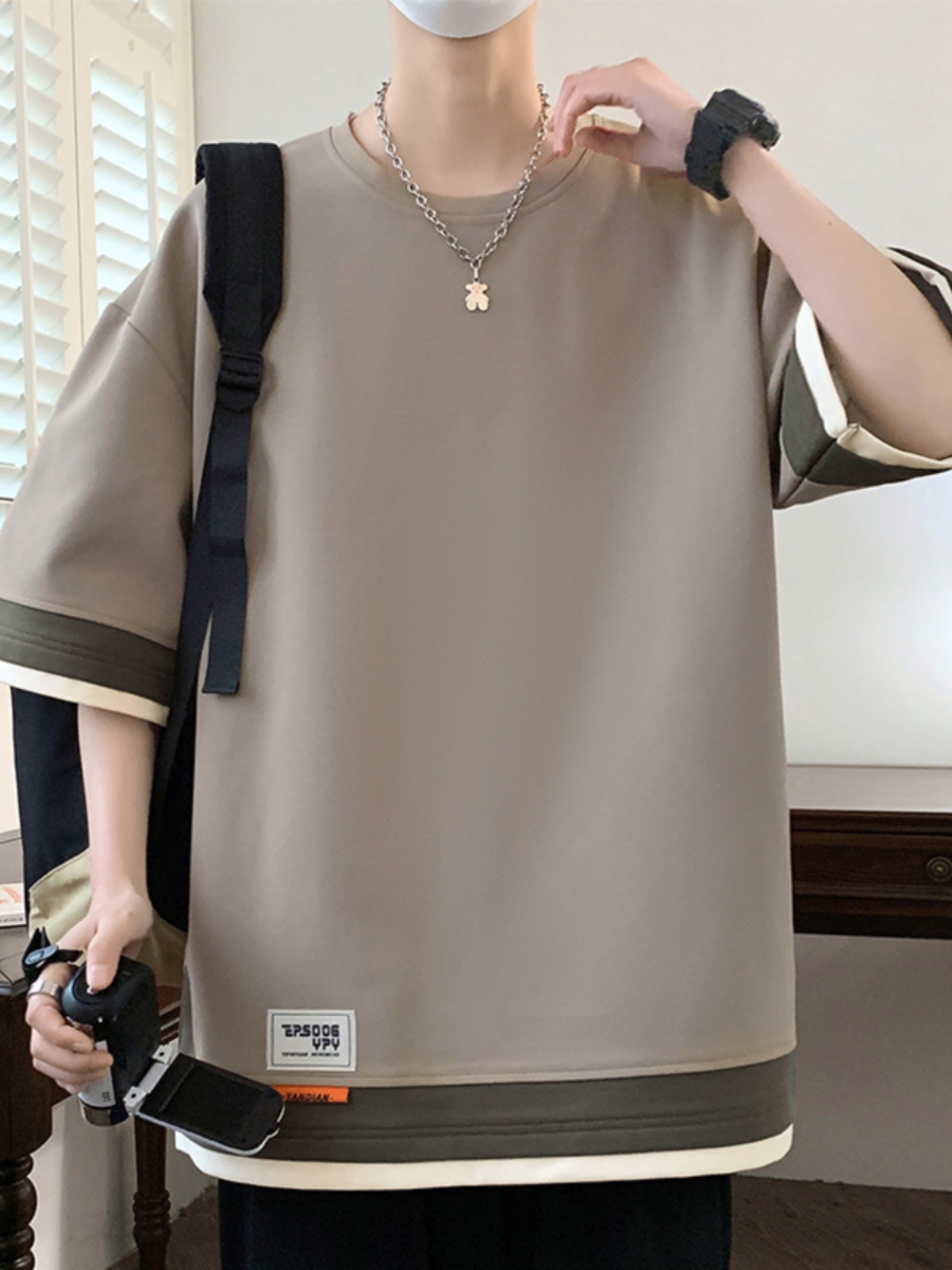 40 代 ファッション メンズ レイヤード風 五分袖重ね着風Tシャツ