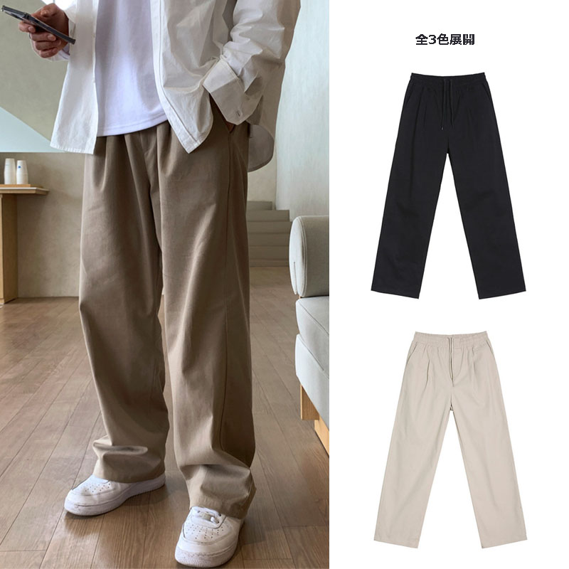 40 代 メンズ ファッション ストレートワイドパンツ ゆったり ドローコード付き 春夏