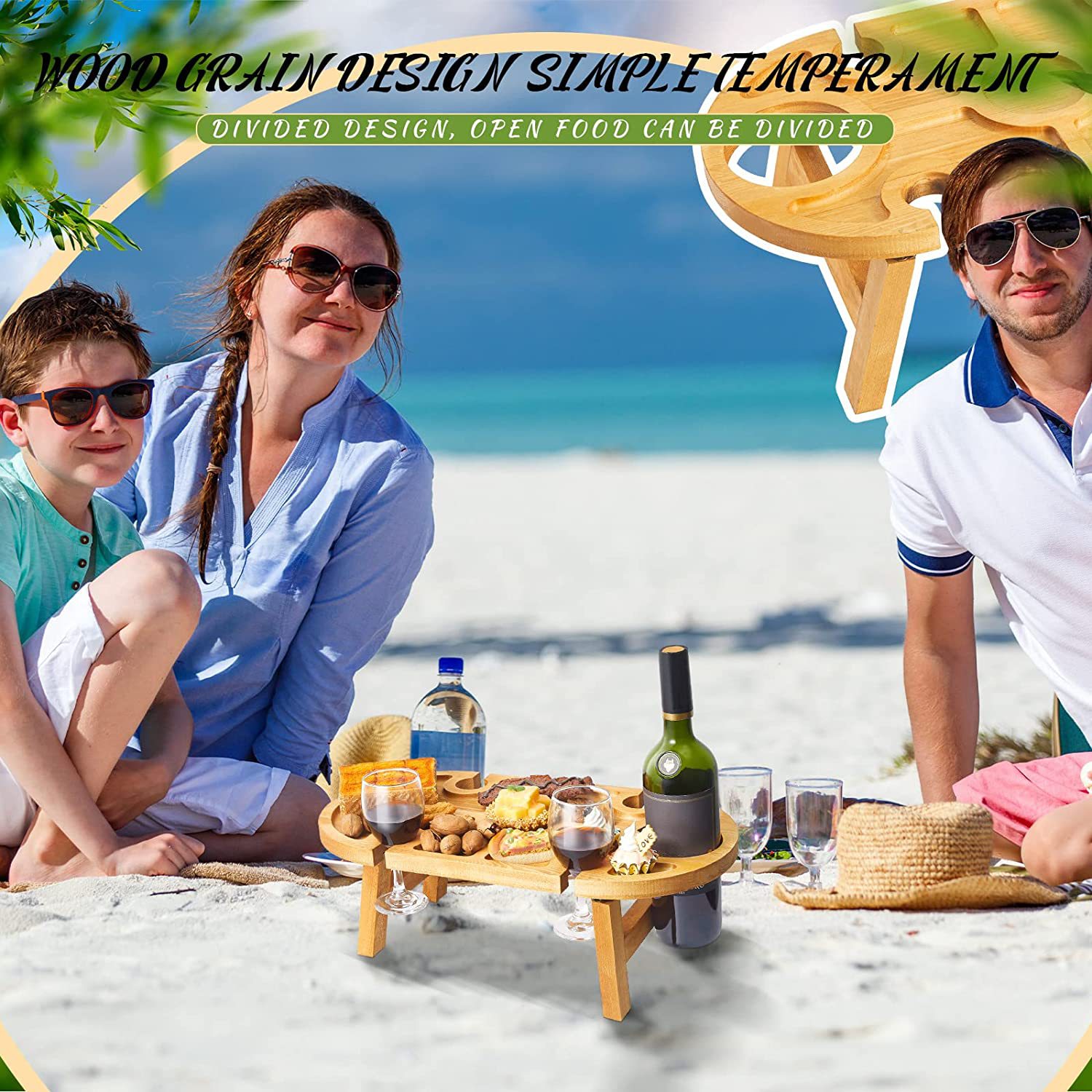 アウトドアテーブル 天然木製ワイングラスホルダー付き折りたたみ式屋外卓　コンパクト