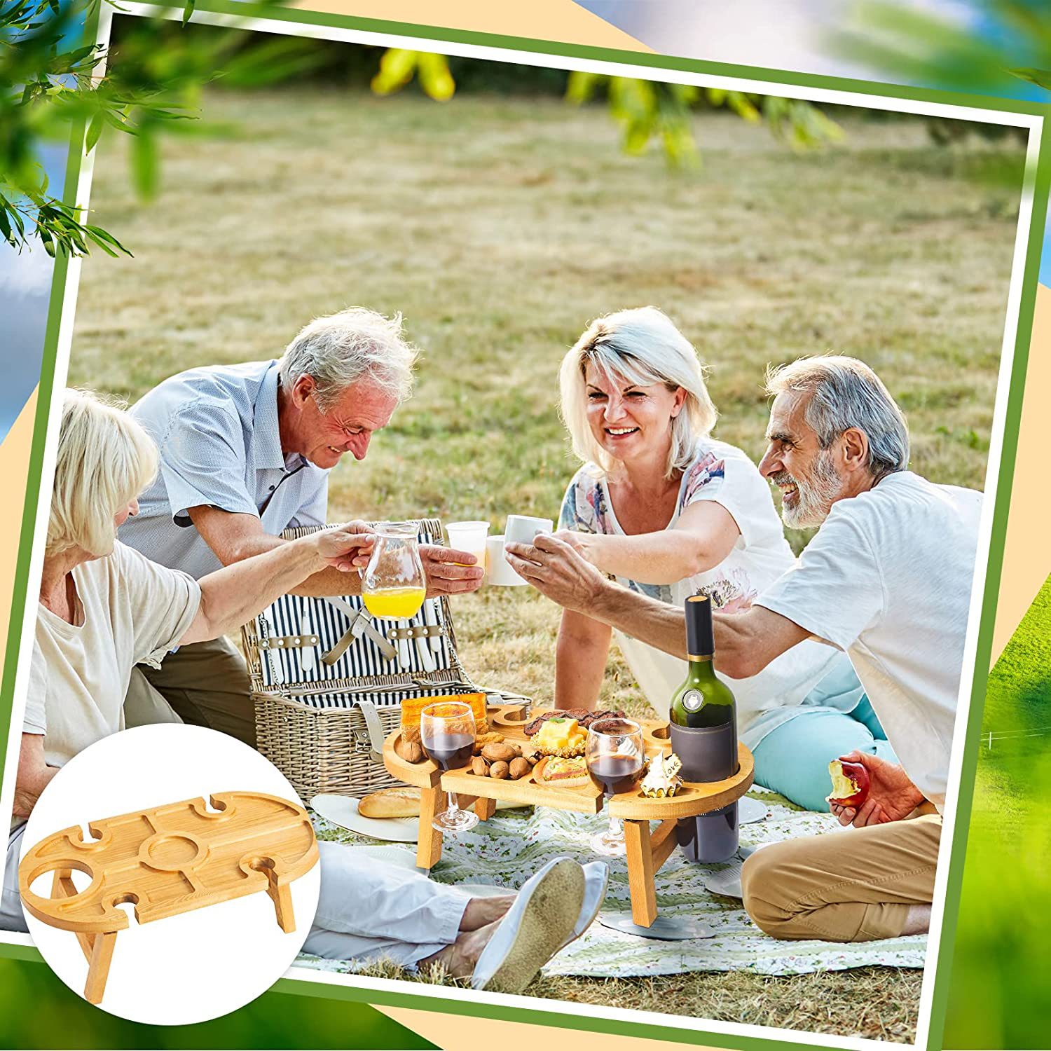 アウトドアテーブル 天然木製ワイングラスホルダー付き折りたたみ式屋外卓　コンパクト