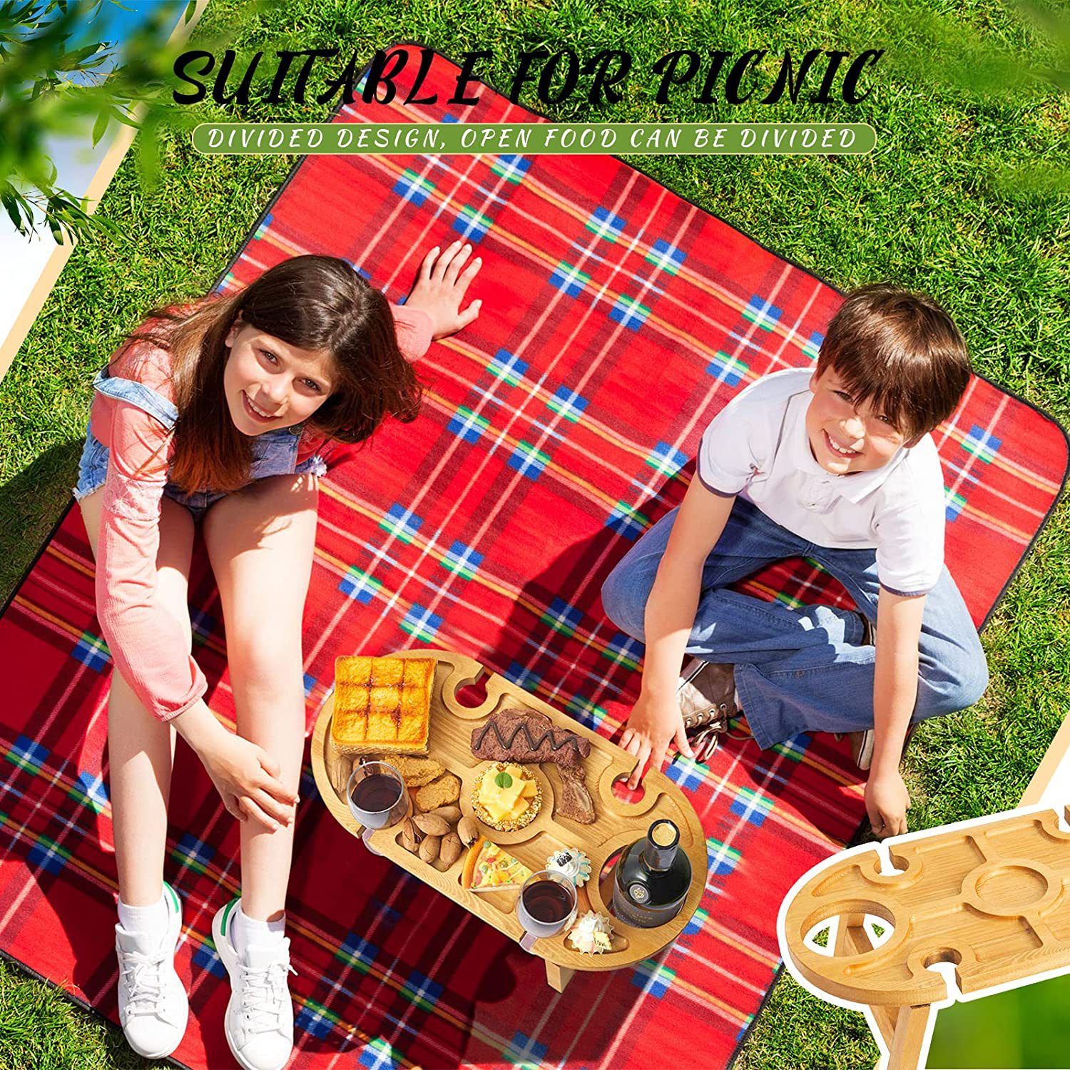 アウトドアテーブル 天然木製ワイングラスホルダー付き折りたたみ式屋外卓　コンパクト