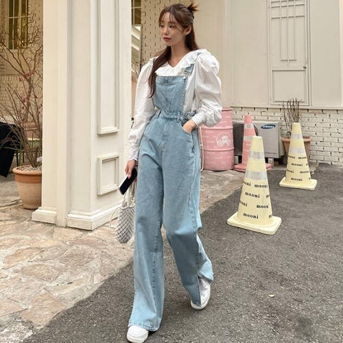 韓国風デニムオーバーオール ワイドロングパンツ