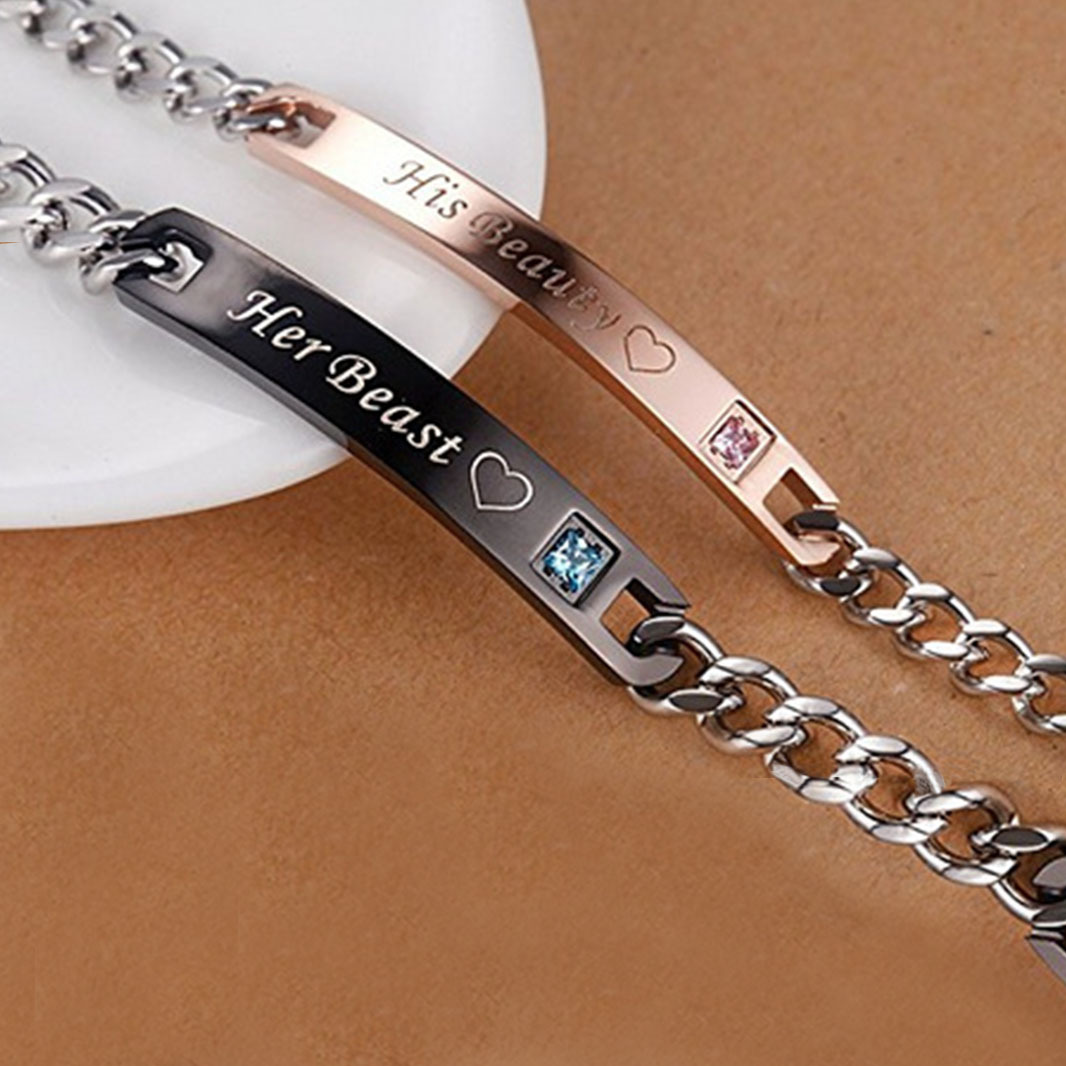 ペアブレスレット 刻印入りハート装飾宝石付きステンレス鎖ブレスレット