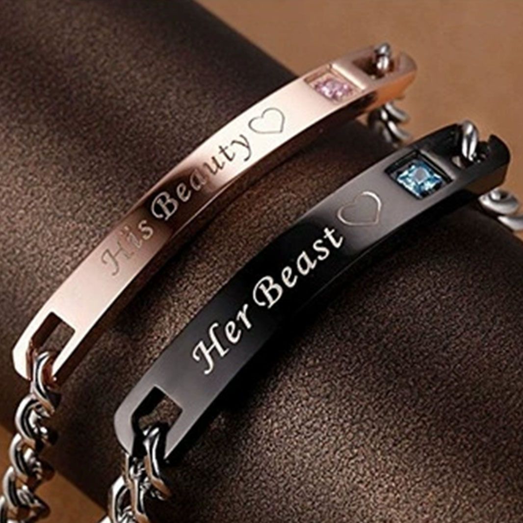 ペアブレスレット 刻印入りハート装飾宝石付きステンレス鎖ブレスレット