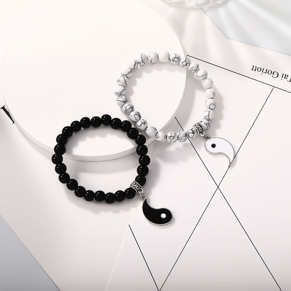 ペアブレスレット 陰陽太極図天然石ビーズペアブレスレット