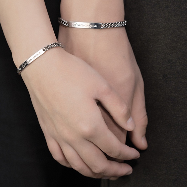 ブレスレットペア 刻印プレート細身チェーンブレスレット