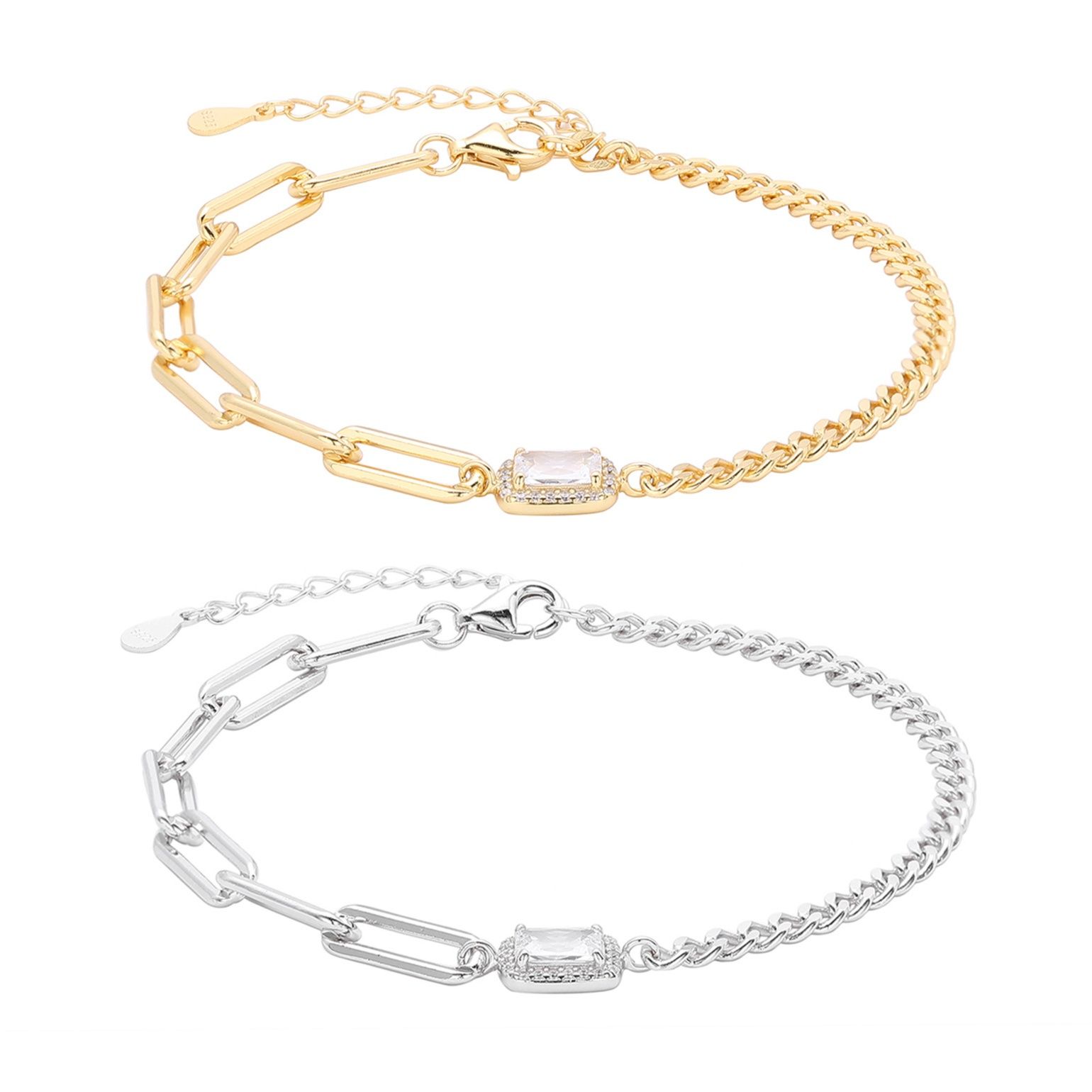 ペアブレスレット 煌めく宝石付き異素材チェーンペアブレスレット