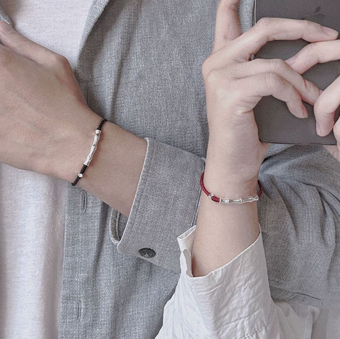 ペアブレスレット 竹節銀飾編み紐ペアブレスレット