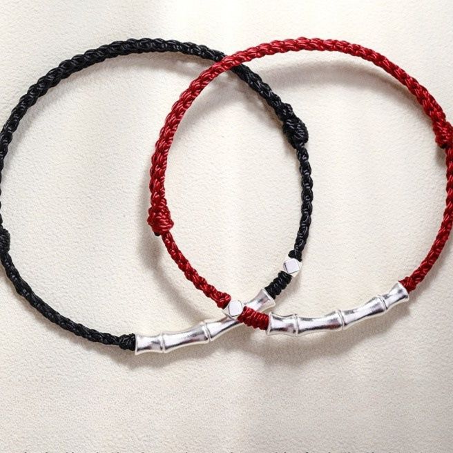 ペアブレスレット 竹節銀飾編み紐ペアブレスレット