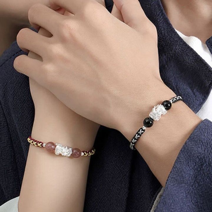 天然石と銀細工の編み込み絆ペアブレスレット