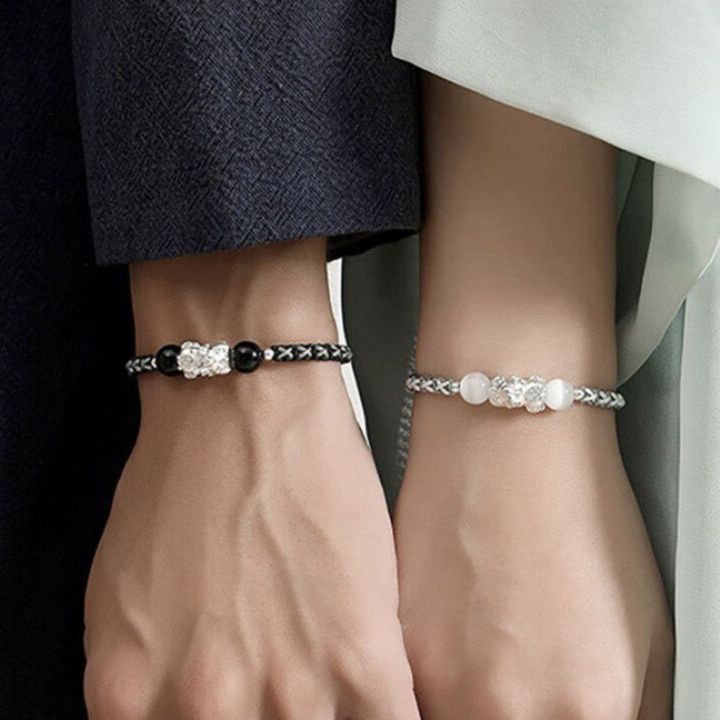 天然石と銀細工の編み込み絆ペアブレスレット