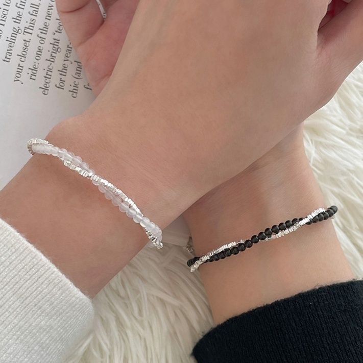 天然石ビーズと小粒銀玉の重ね付け風ペアブレスレット