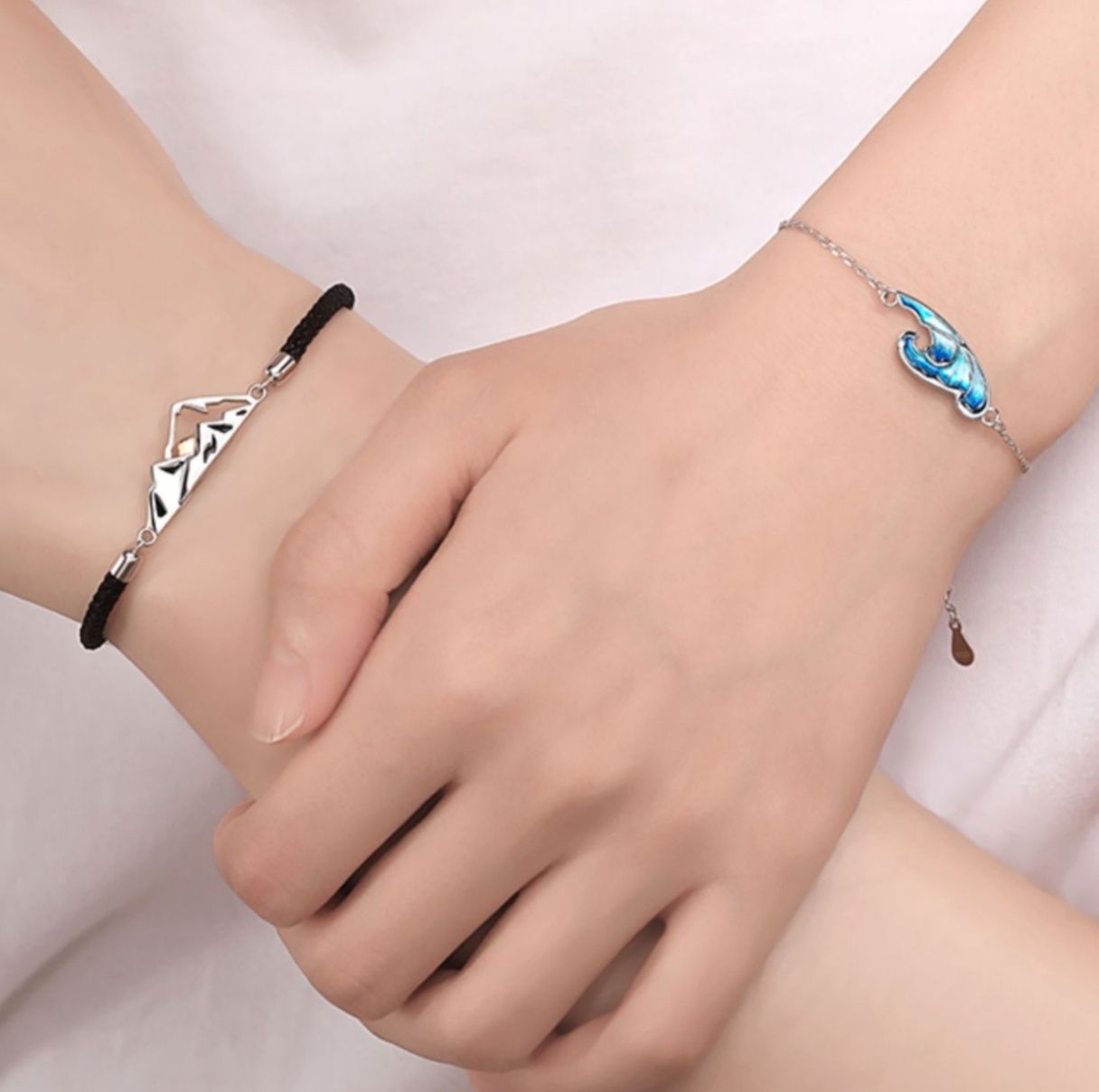 山と海モチーフのシルバーペアブレスレット 男女ペア 2本セット 上品 おしゃれ カップルアクセサリー