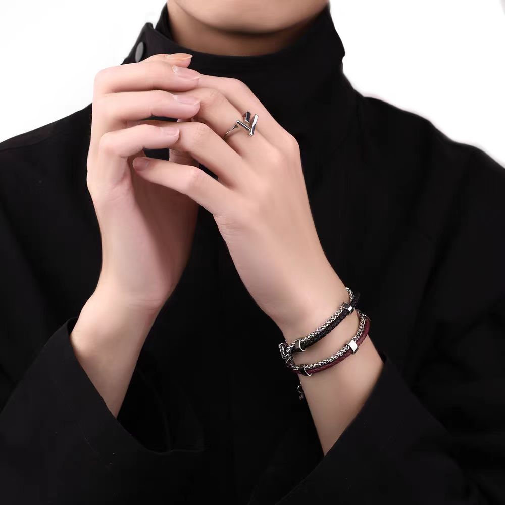 ペアブレスレット 二重編み込みレザーチェーン組み合わせブレスレット