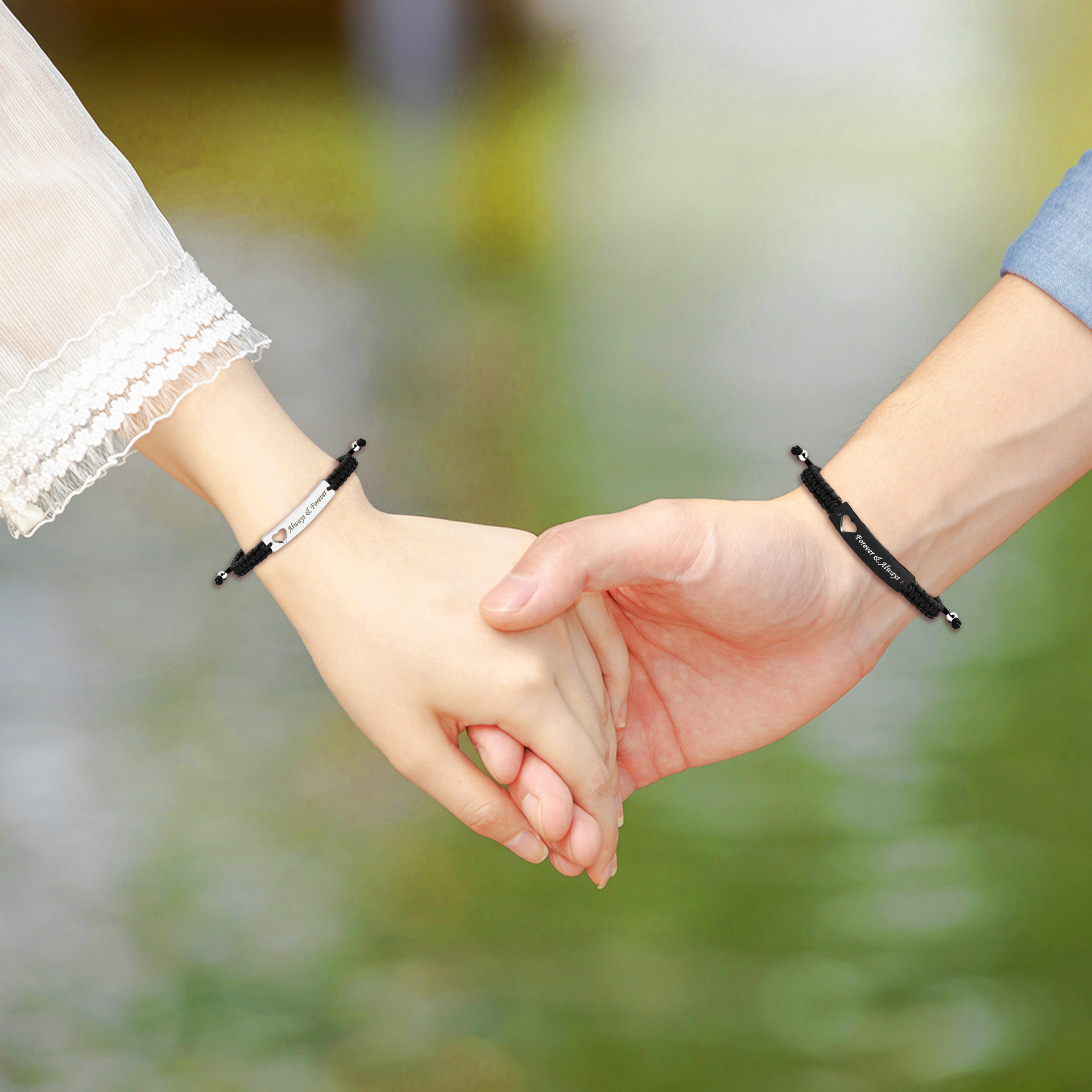 ペアブレスレット 王冠とハート刻印ステンレスプレート編み込み