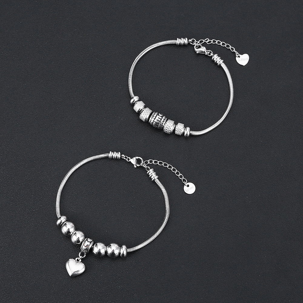 ペアブレスレット ハート型チャーム付き装飾ビーズステンレスブレスレット