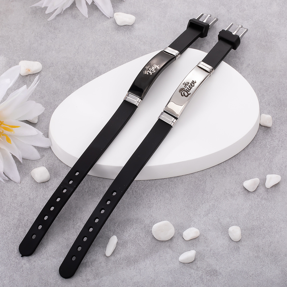 ペアブレスレット シリコンバンド調節可能ステンレスプレート付ペア腕輪