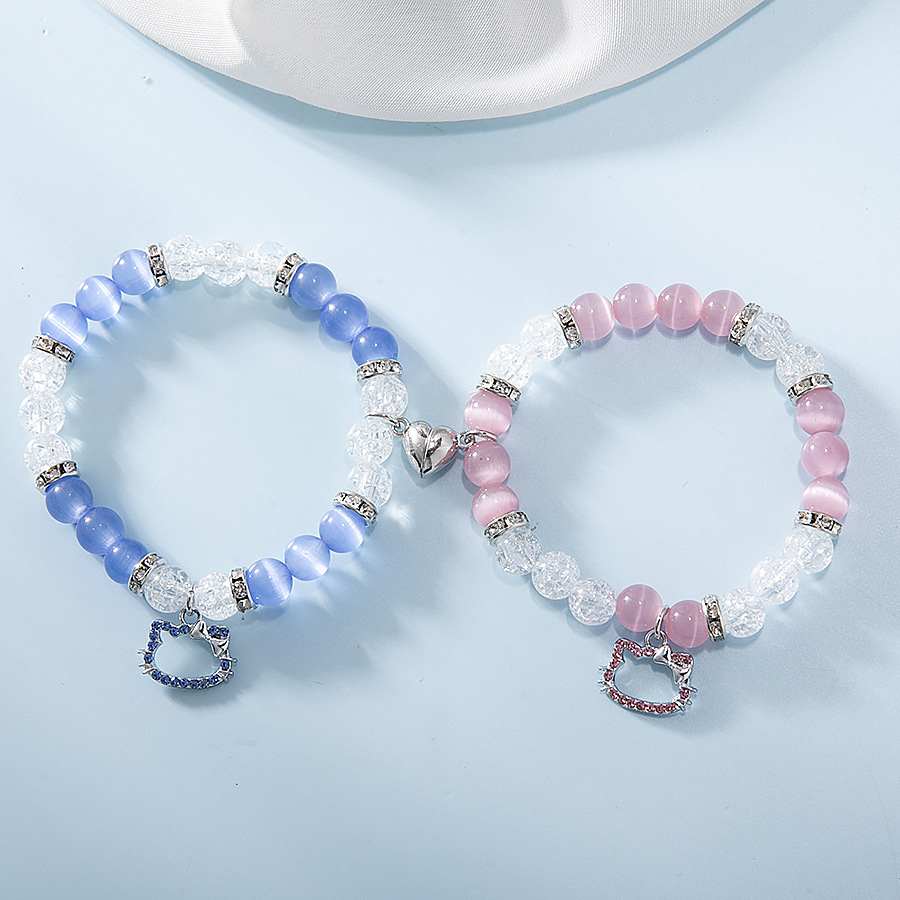 ペアブレスレット 猫モチーフ天然石ハート飾り誕生石ペア腕輪