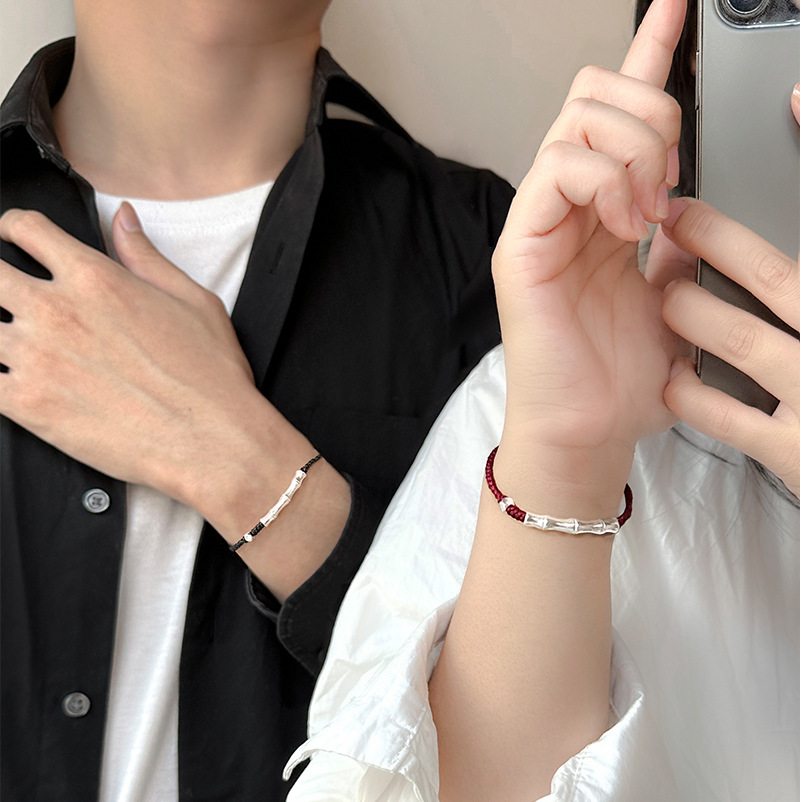 ペアブレスレット 竹節銀飾編み紐ペアブレスレット