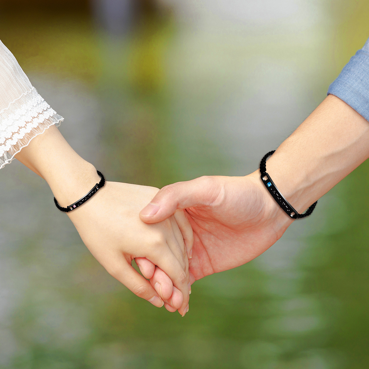 ペアブレスレット 編み込み紐×天然石付きステンレスプレート調節式ブレスレット