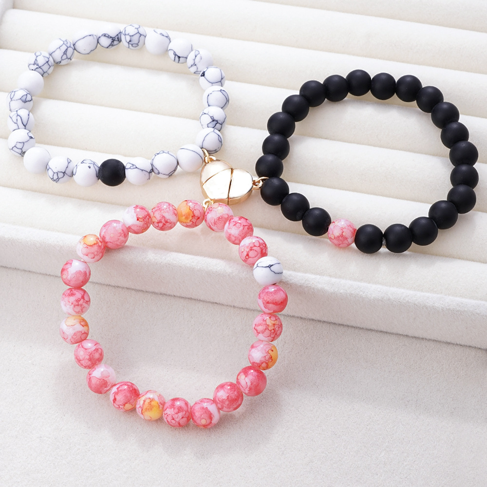 天然石ハート繋ぎ誕生日石ペアブレスレット三本組