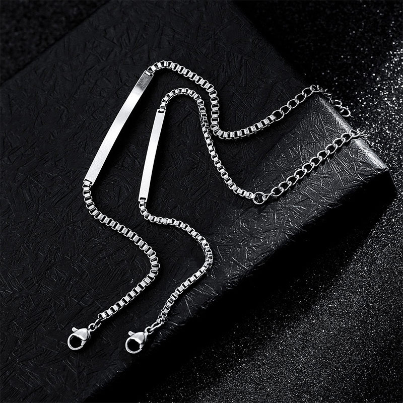 ペアブレスレット シンプル刻印プレート付きチェーンブレスレット