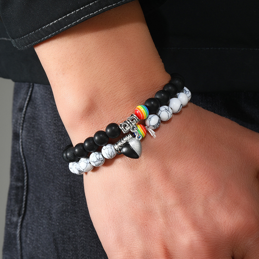 天然石ハート飾り付き誕生日石ペアブレスレット