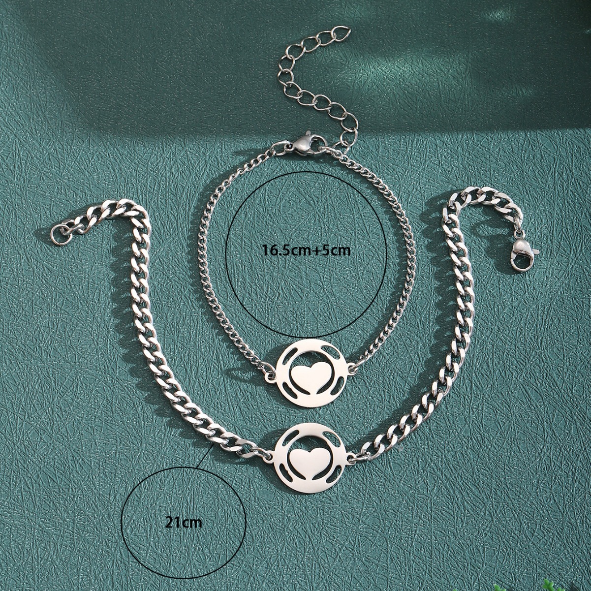 ペアブレスレット 二重円ハートモチーフ華奢チェーンペアブレスレット