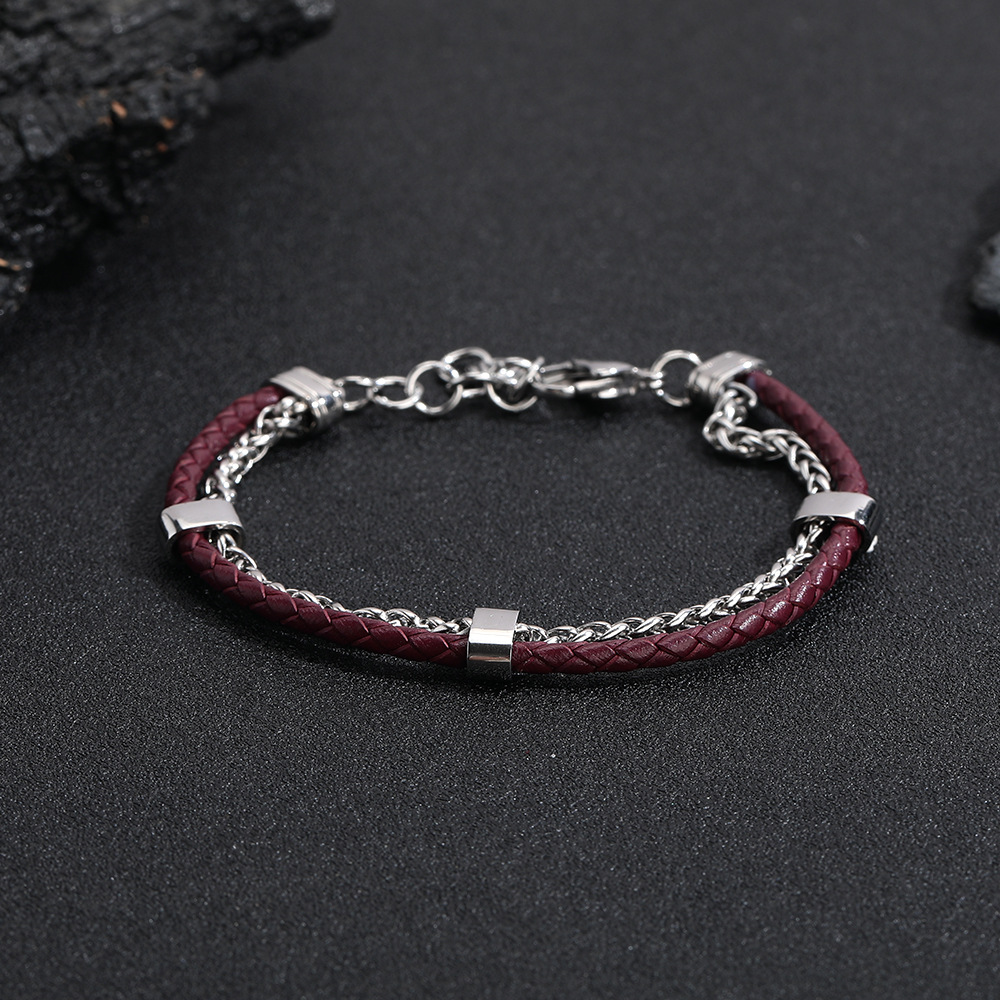 ペアブレスレット 二重編み込みレザーチェーン組み合わせブレスレット