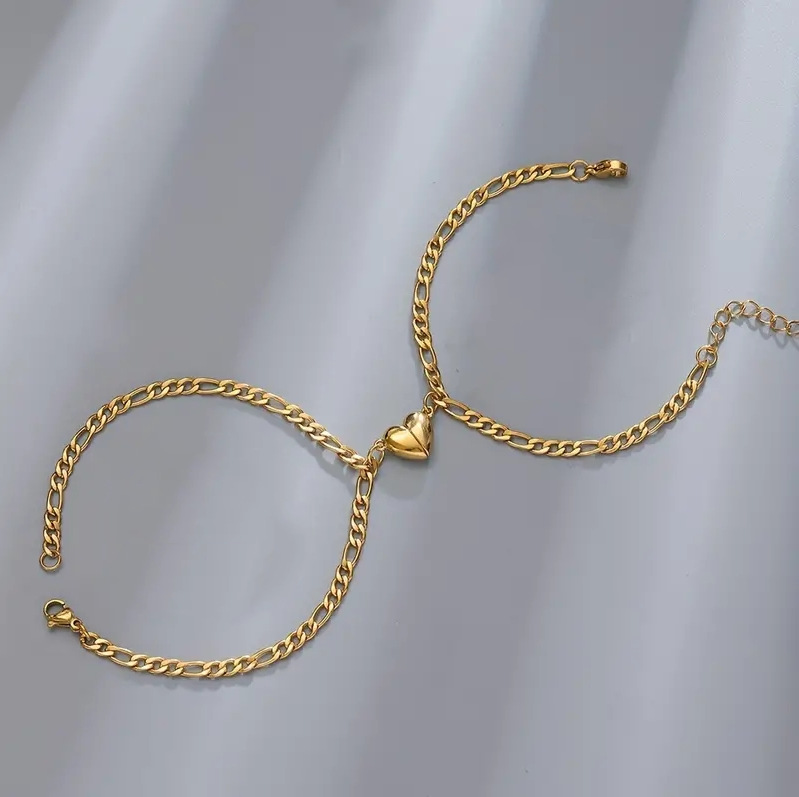 ペアブレスレット ハート型チャーム付き喜平チェーンブレスレット