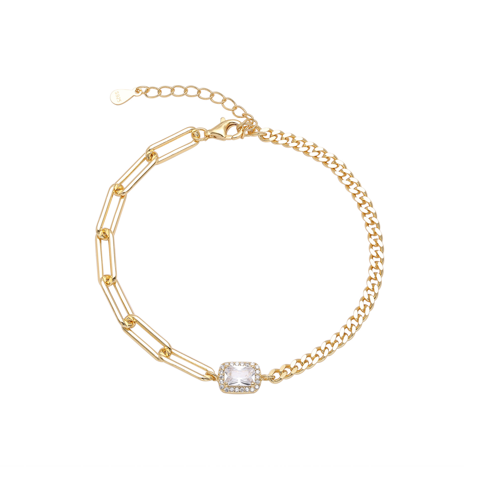 ペアブレスレット 煌めく宝石付き異素材チェーンペアブレスレット