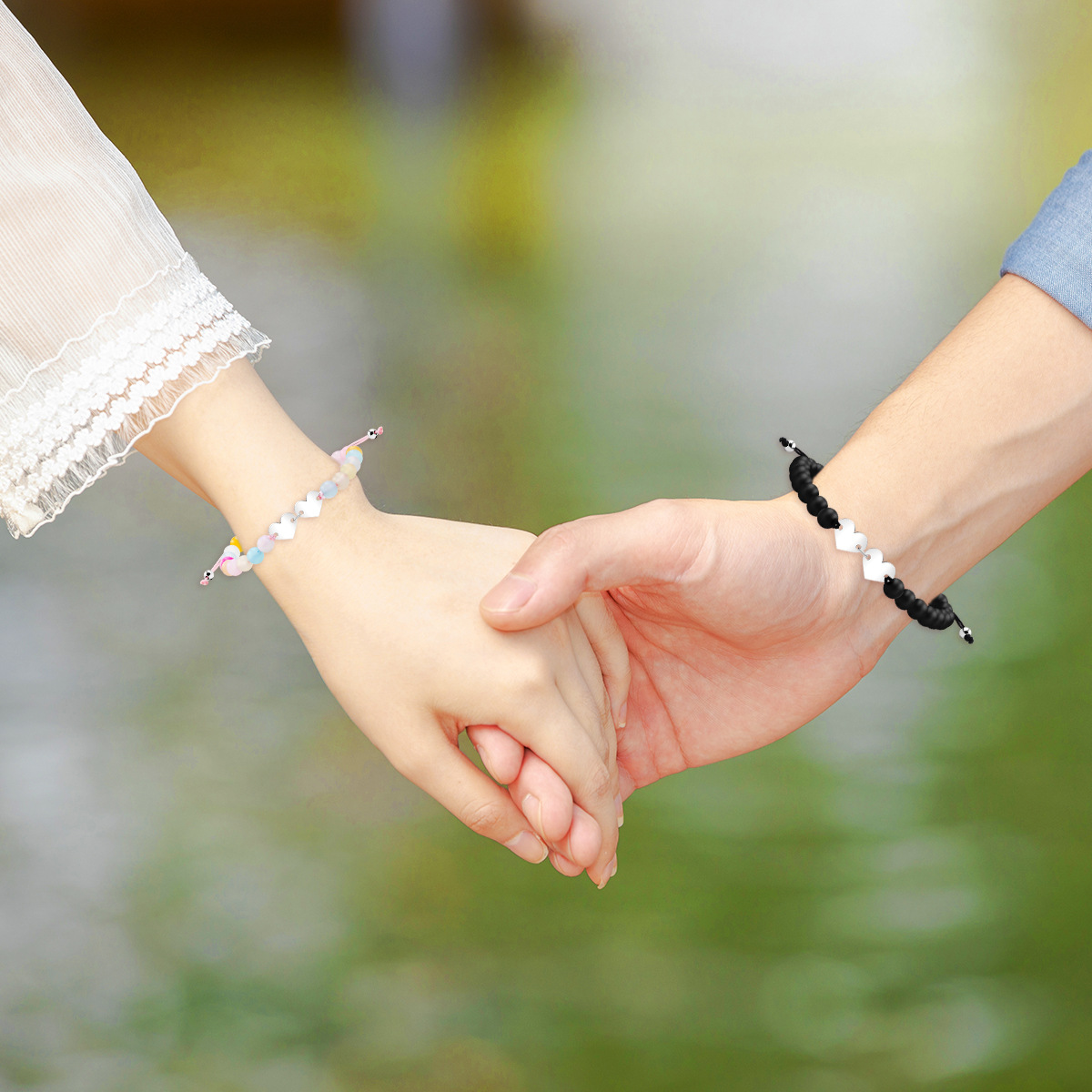 ハート繋ぐ天然石誕生日石ペアブレスレット