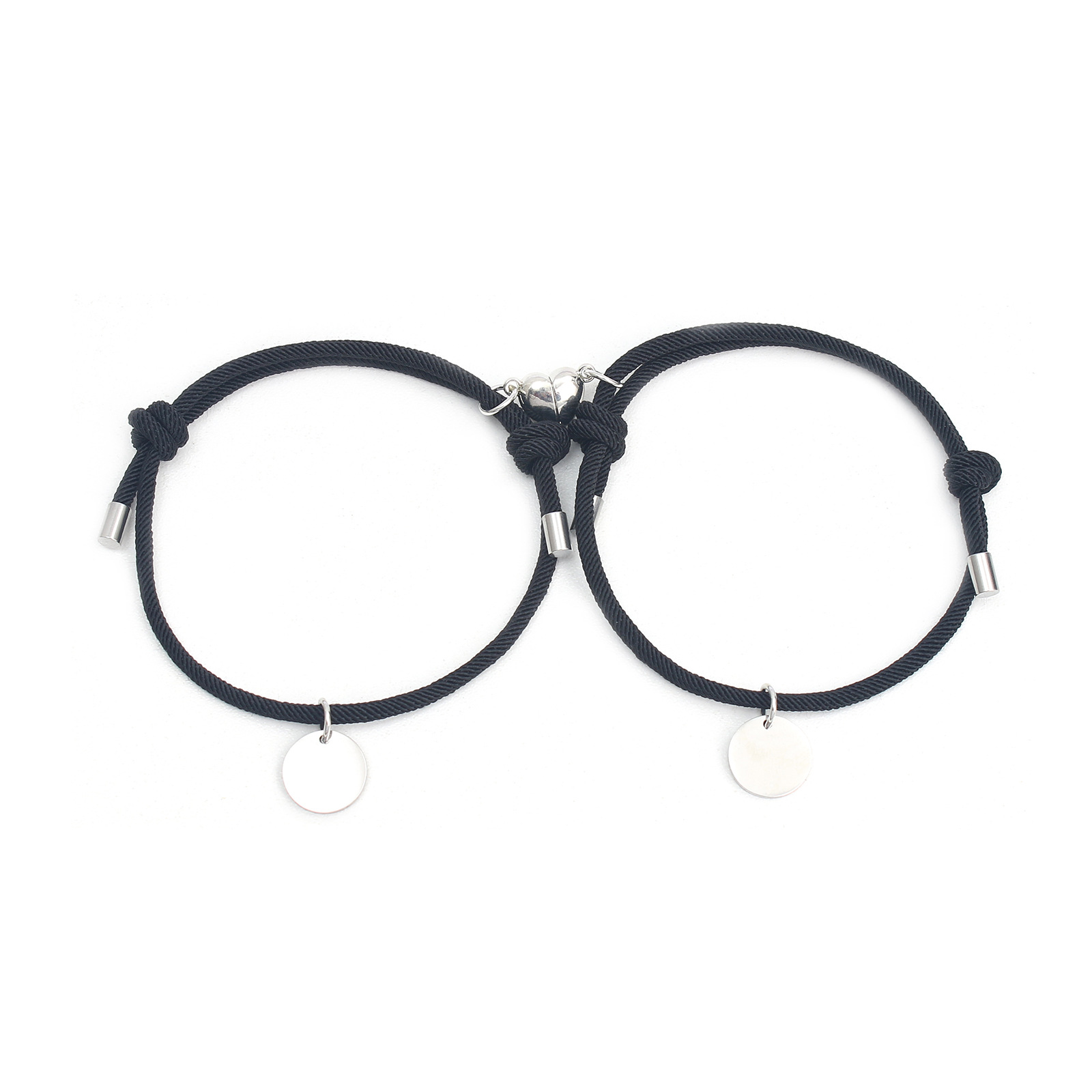 円形プレート付き編み紐ステンレスペアブレスレット