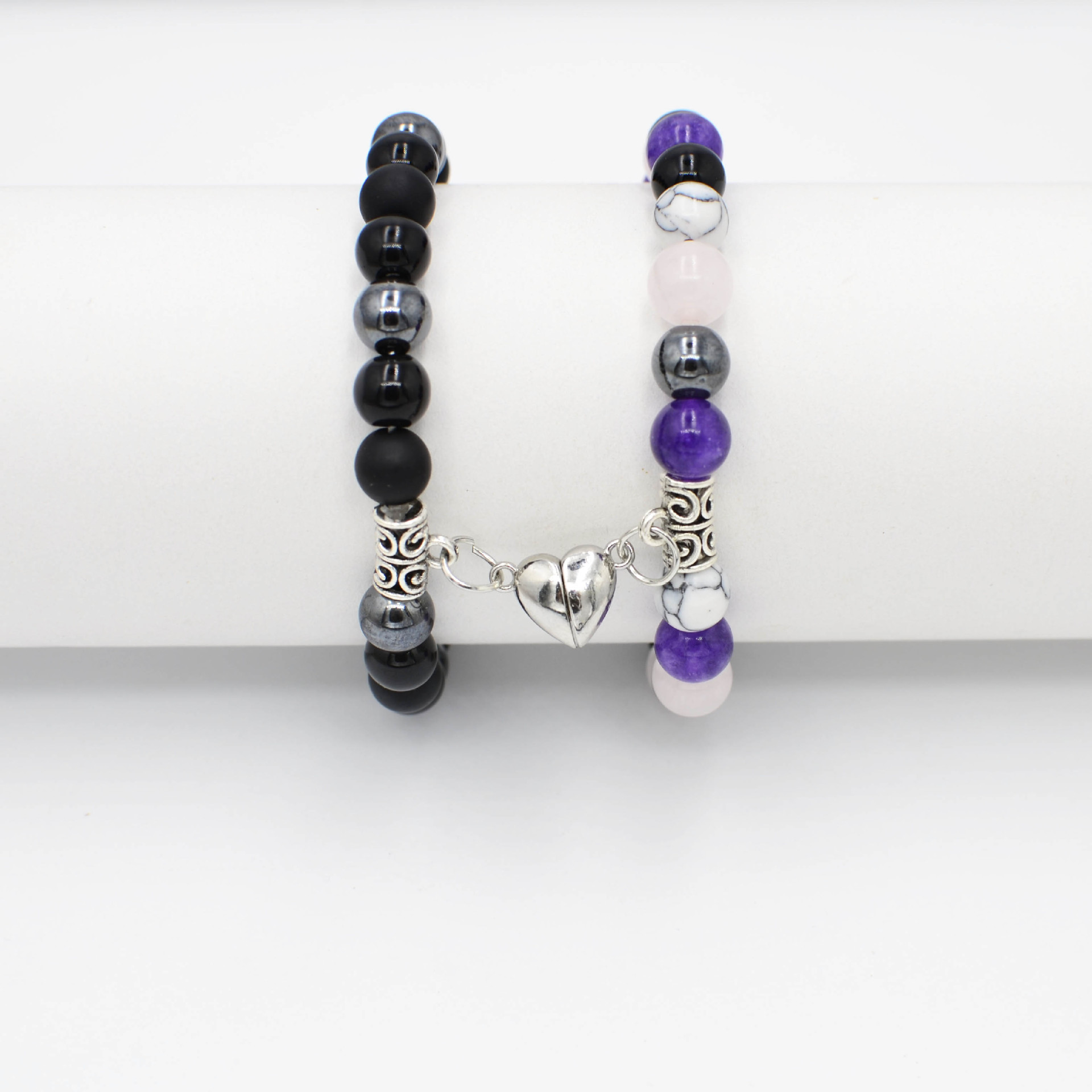 ペアブレスレット 誕生日石ハート繋ぎ天然石ペアブレスレット