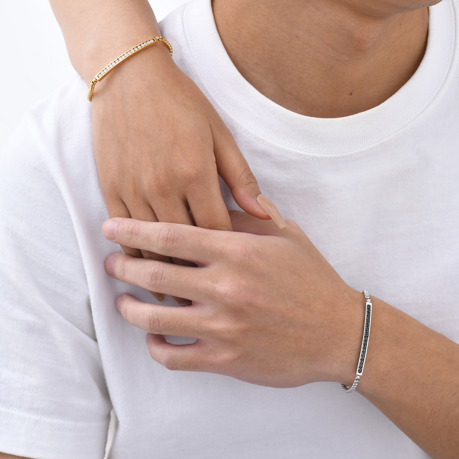 ペアブレスレット 輝石プレート細身チェーンペアブレスレット