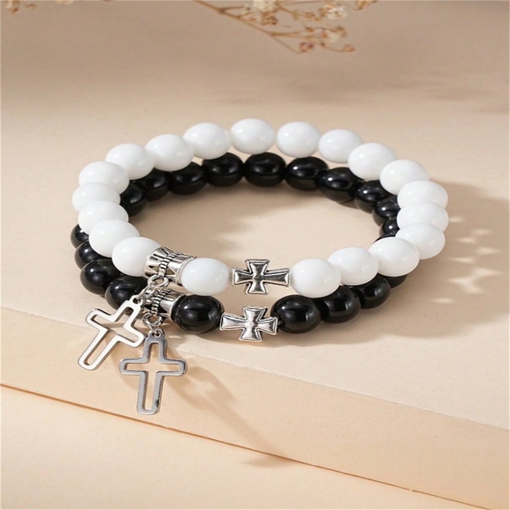 ペアブレスレット 十字架チャーム付き天然石ビーズペアブレスレット