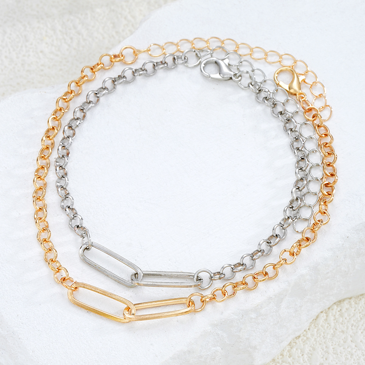 ペアブレスレット 長方形プレート付き丸輪チェーンペアブレスレット