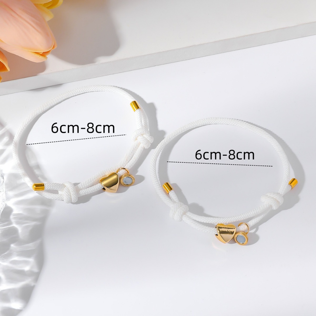 ペアブレスレット ハート型チャーム付き調節可能コード編みブレスレット