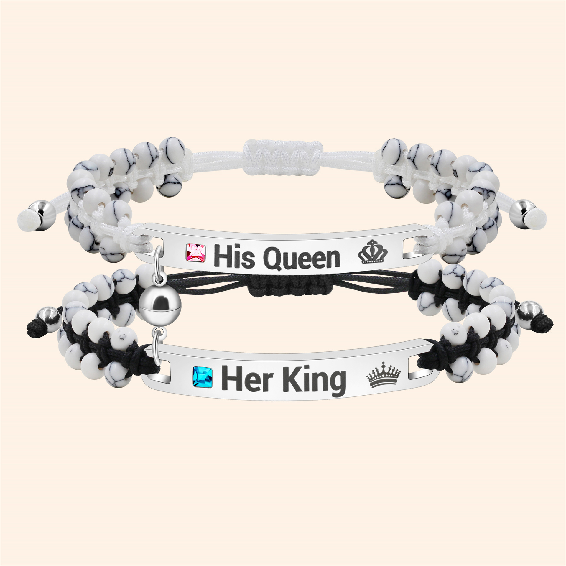 ペアブレスレット 王様と女王様刻印プレート編み込みビーズブレスレット