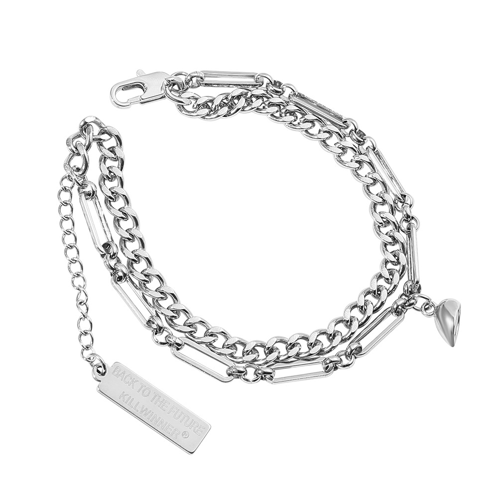 ペアブレスレット 二連チェーン調節可能プレート付ペアブレスレット