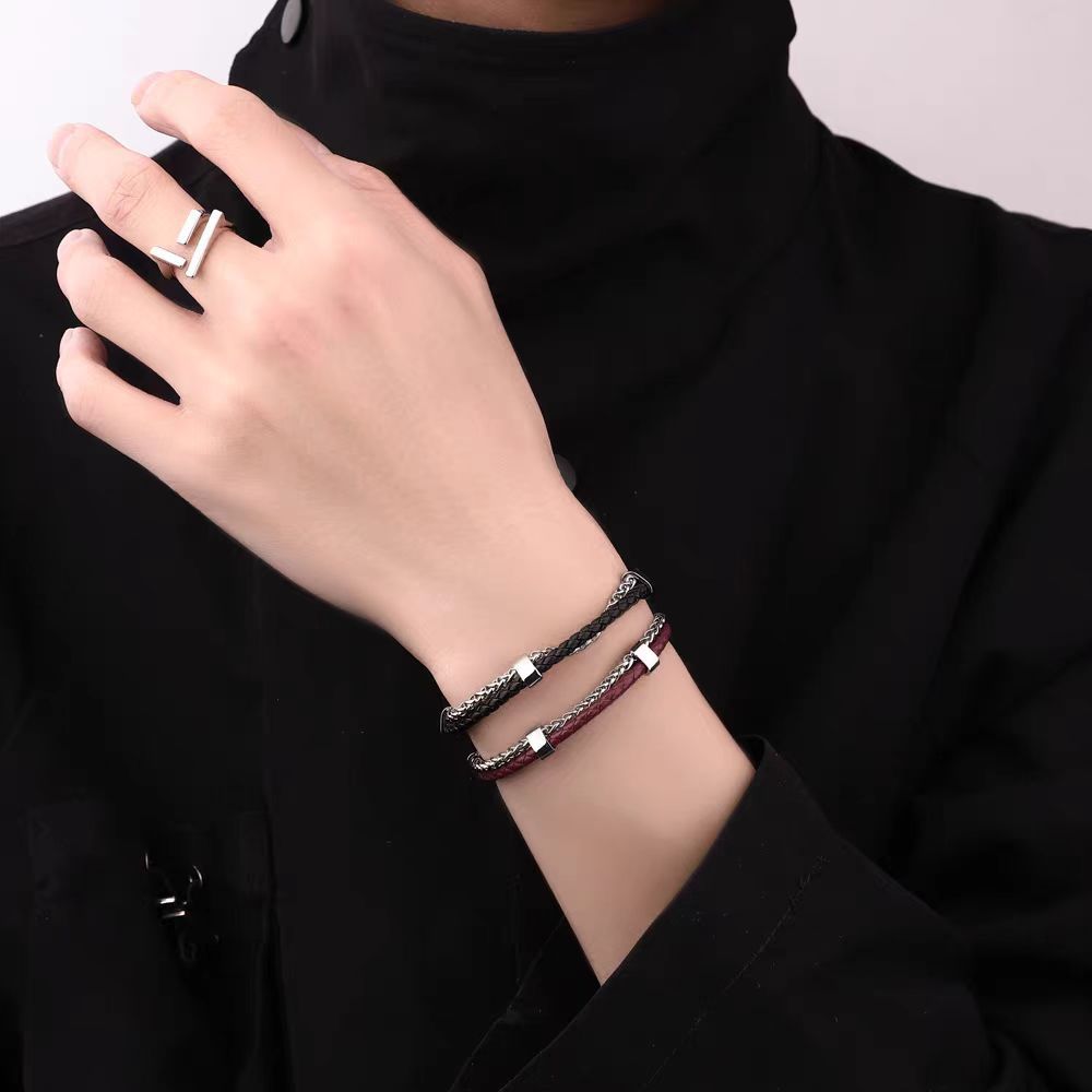 ペアブレスレット 二重編み込みレザーチェーン組み合わせブレスレット