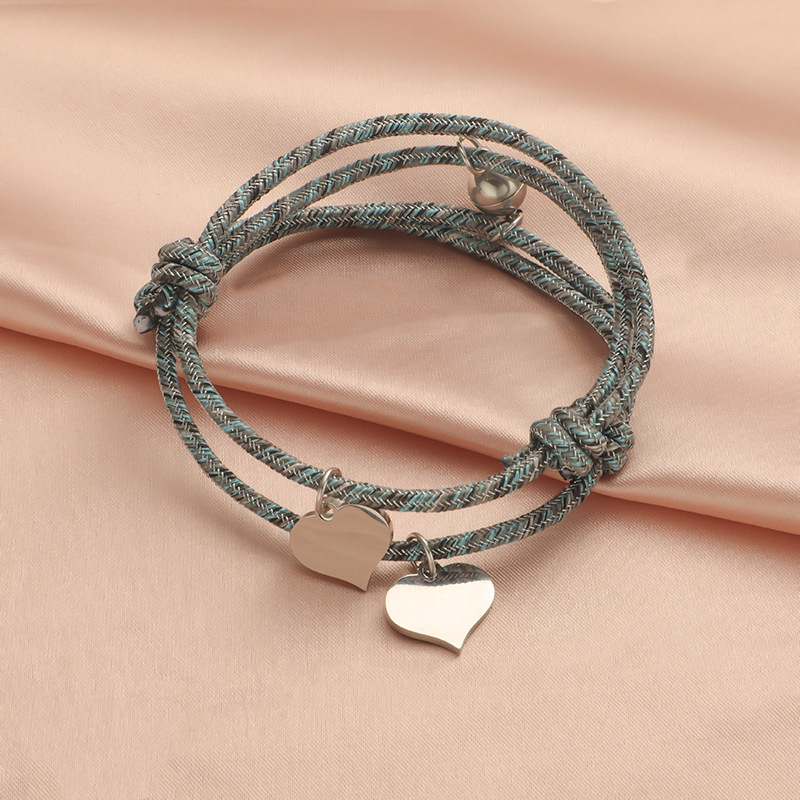 ペアブレスレット ハート飾り付き調節可能コード編みブレスレット