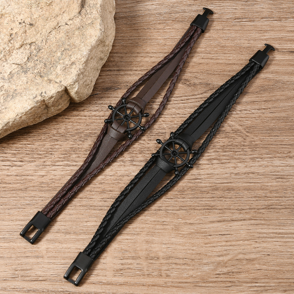 ペアブレスレット 舵輪モチーフ三連編み込みレザーペアブレスレット